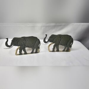 Metal Elephant Tea Light Holders Set Of 2 Gray And Tan Trunk Up